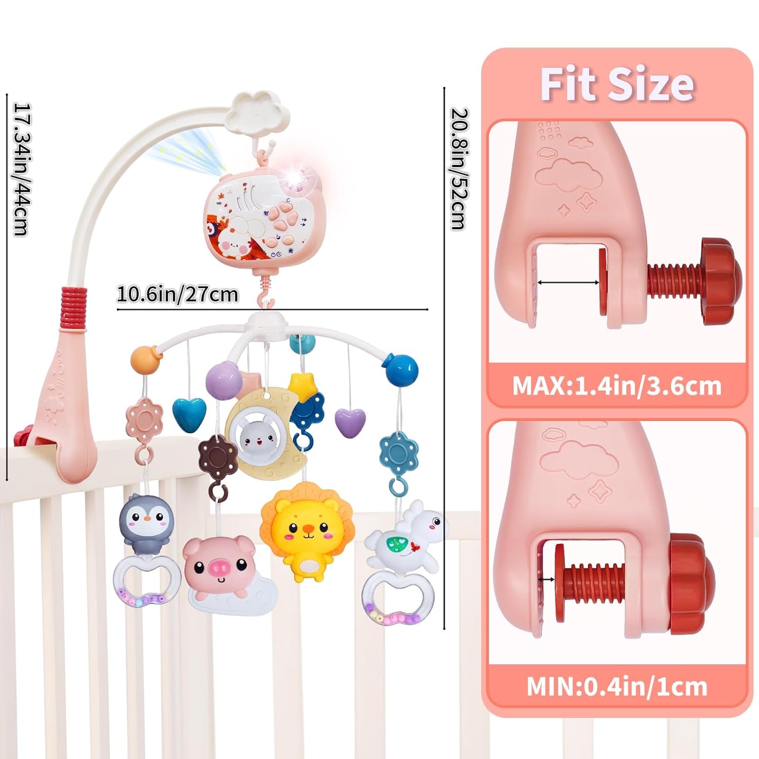 Baby Mobiles for Cribs, Crib Mobile with Music and Lights, Nursery Musical Mobile for Bassinets Hanging Toys with Remote Control, Rotation, Projection, Animal Mobile Arm Clip On for Infant Boys Girls